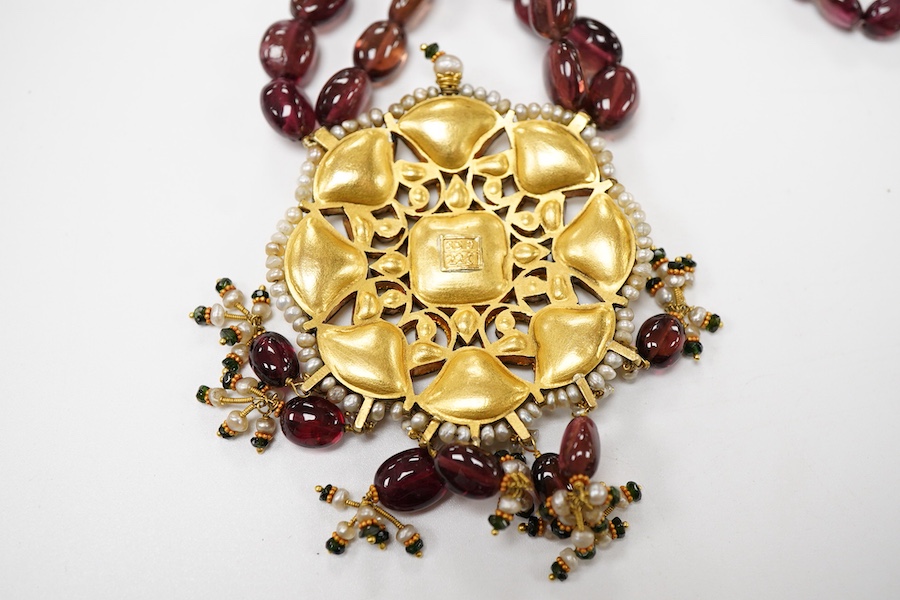 A tourmaline, emerald, seed pearl and diamond necklace, India, 20th century